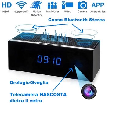Telecamera SPIA WiFi nascosta in una Cassa Bluetooth con Orologio - Registra e trasmette Audio/Video in DIRETTA