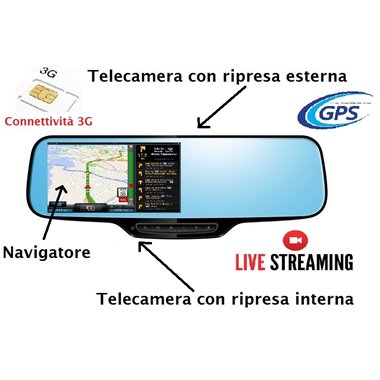 Specchietto retrovisore con 2 telecamere incorporate, trasmissione posizione tramite 3G + VivaVoce + Localizzatore GPS