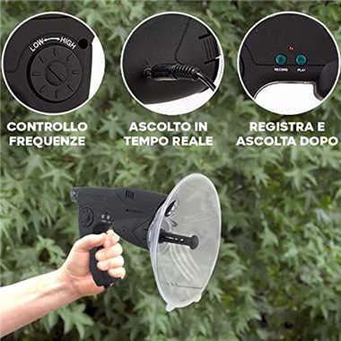 Microfono direzionale con parabola, puntatore ottico 8x, registrazione digitale e cuffie