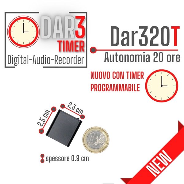 Micro registratore audio digitale piccolissimo con 20 ore di autonomia, TIMER PROGRAMMABILE, attivazione vocale VAS e filtro DSP