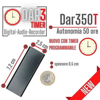Mini registratore audio digitale SOTTILE con 50 ore di autonomia, TIMER PROGRAMMABILE, attivazione vocale VAS e filtro DSP